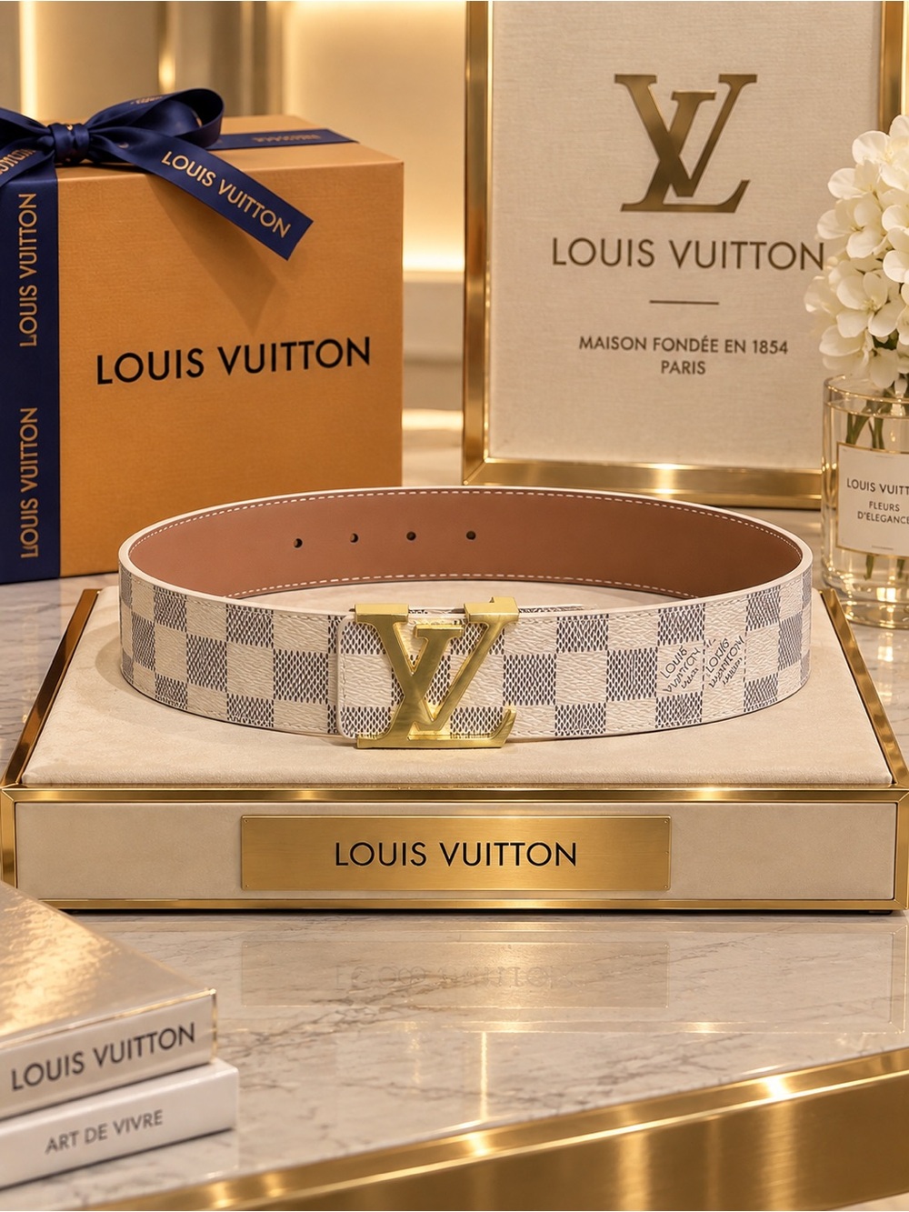 White Checkered Canvas Belt - White/Tan with Gold LV Buckle